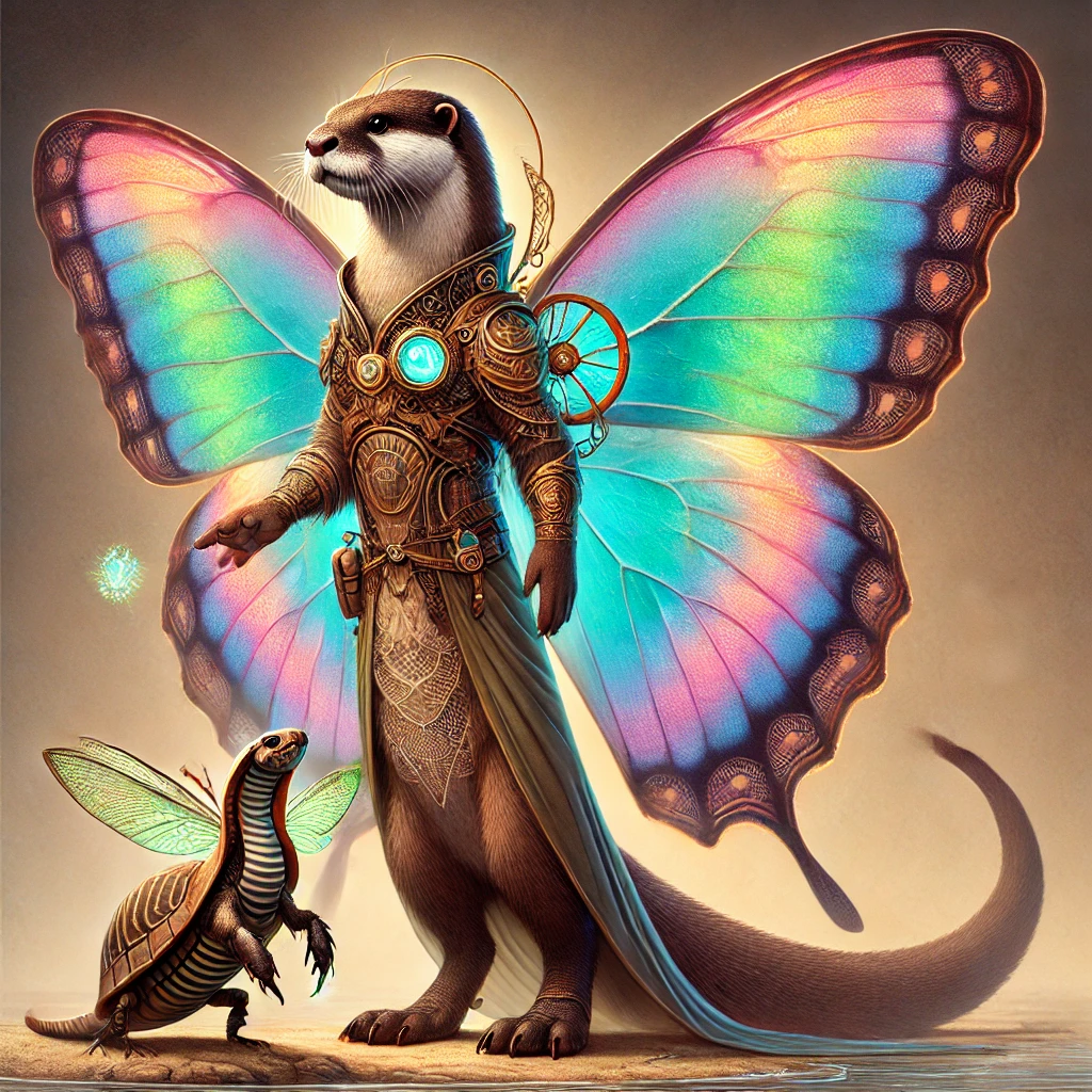 Loutre humanoïde aux ailes de papillon avec son familier
